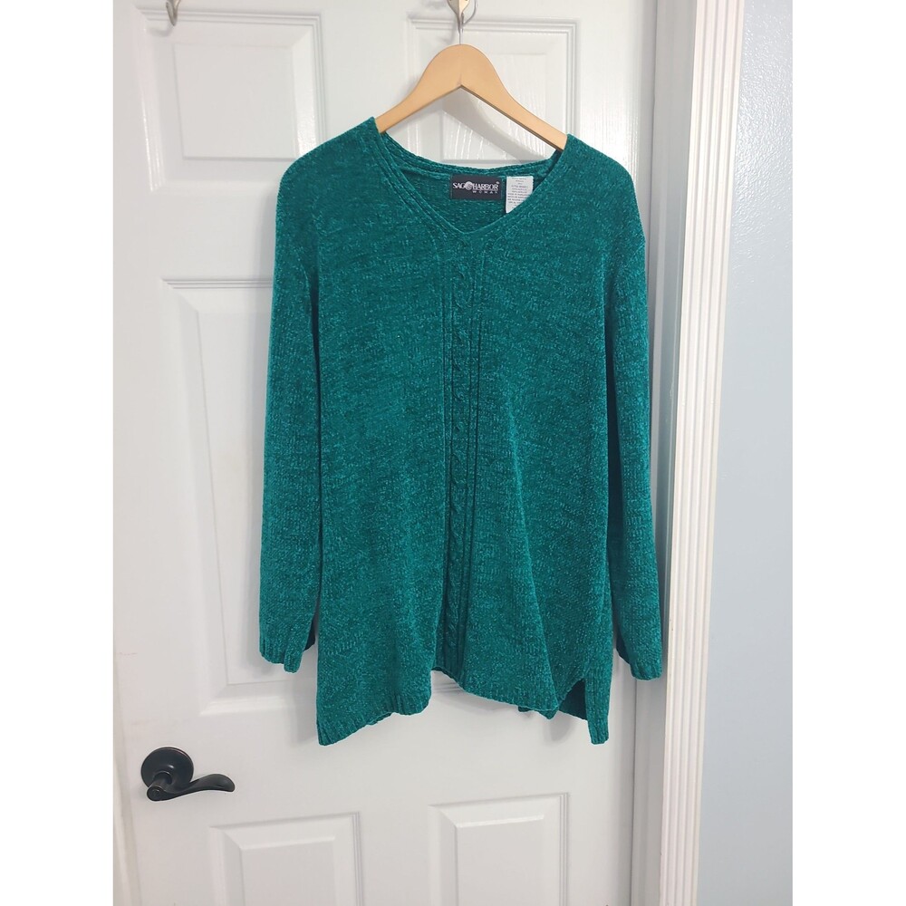 teal Sag Harbor Woman V-neck knit sweater Sz 1X a subtle braided front panel